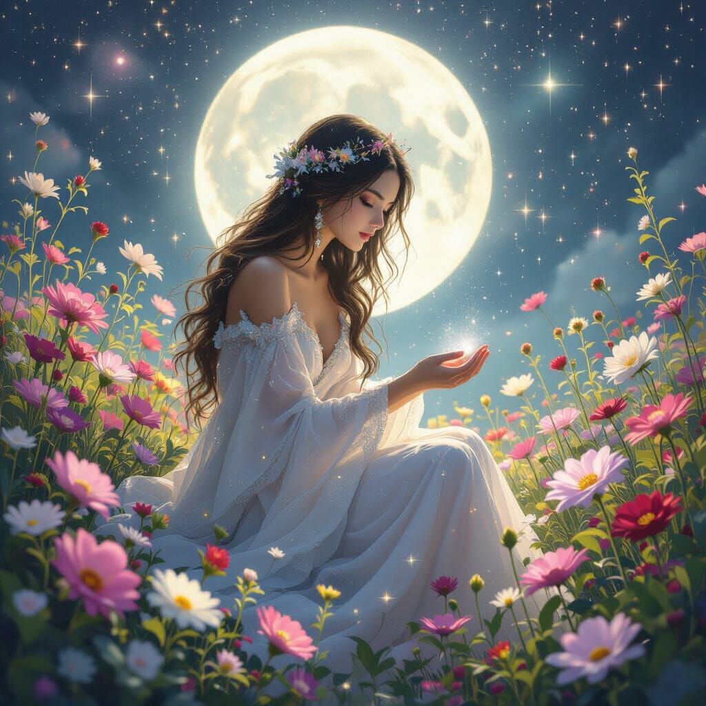 Moonlight Goddess Tends Cosmic Garden Among Stars