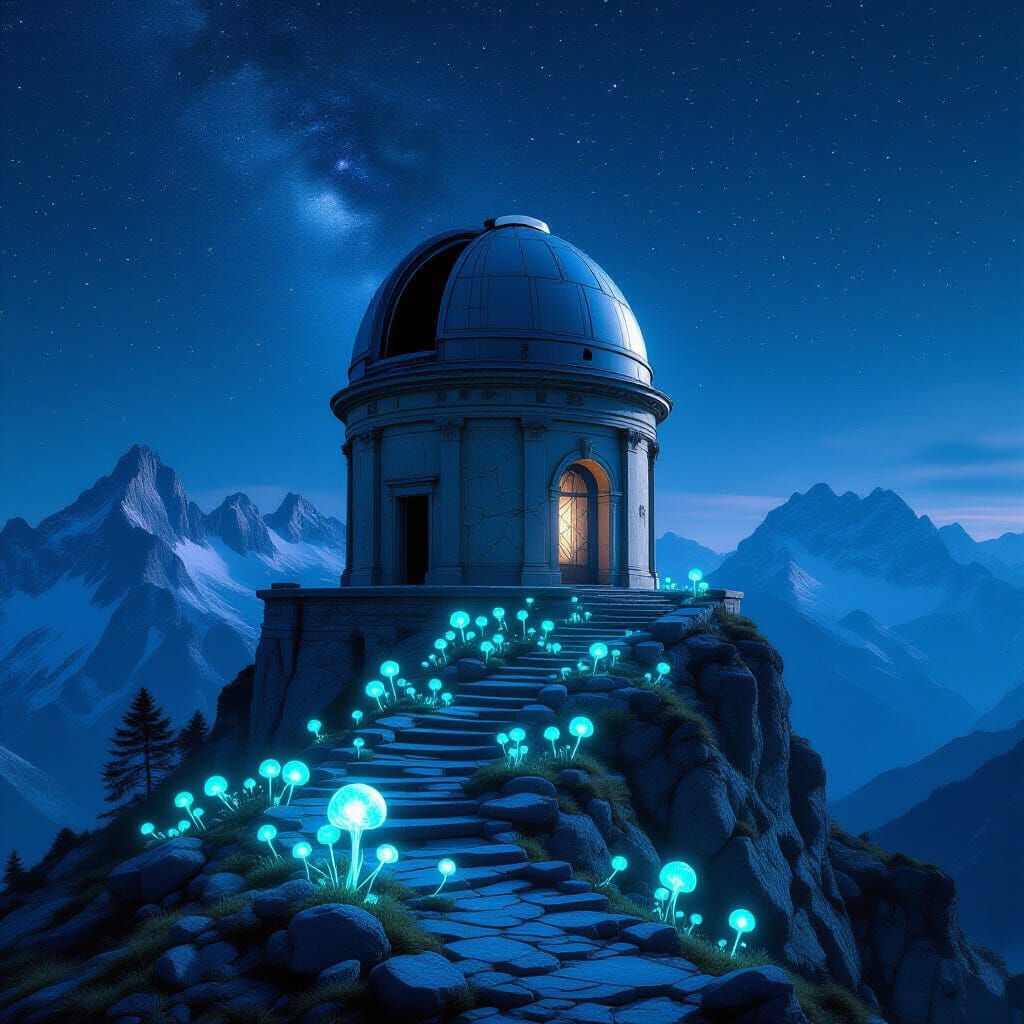 Ancient Alpine Observatory Under Starry Night Sky