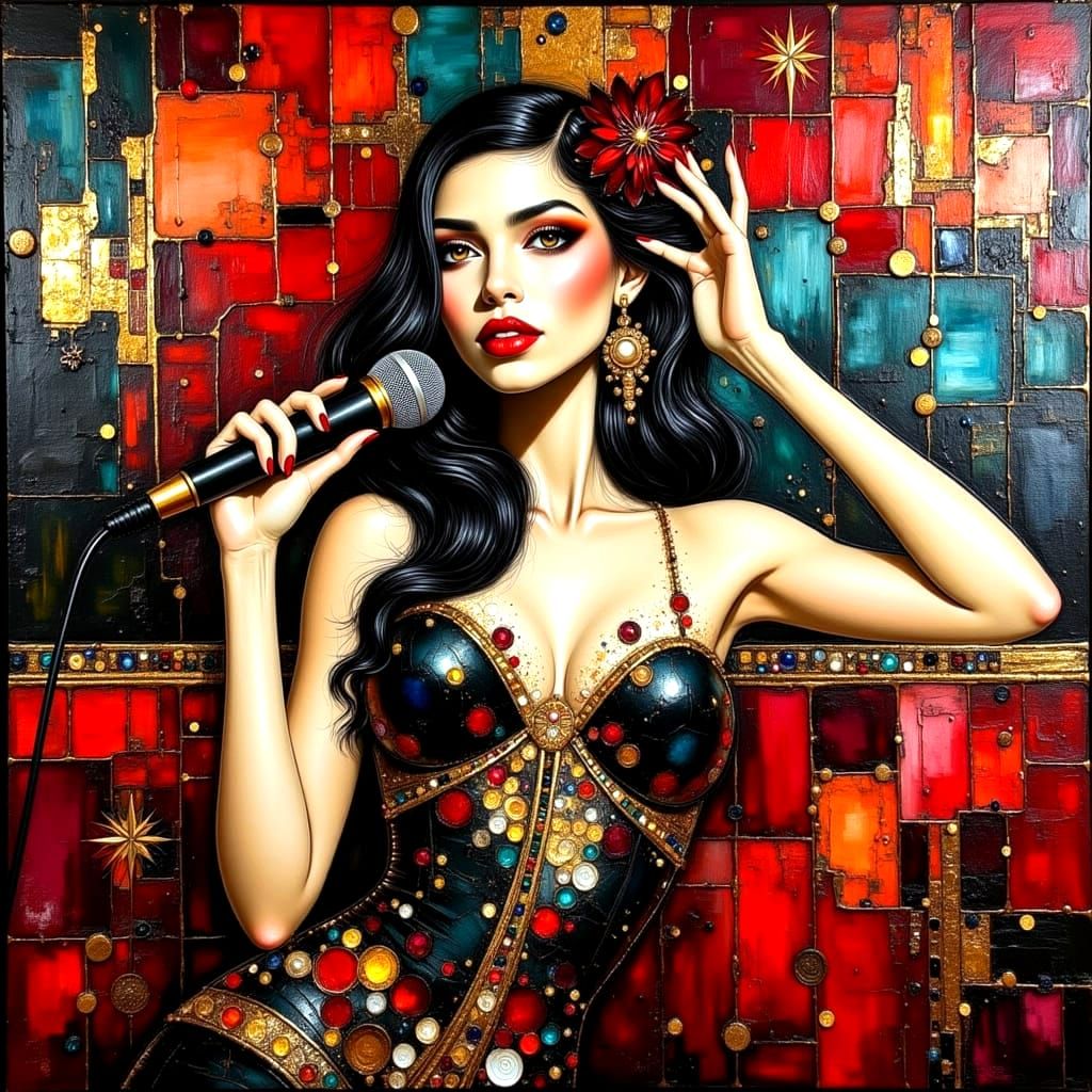 Glamorous Singer in Velvet Lined Club, Abstract Art