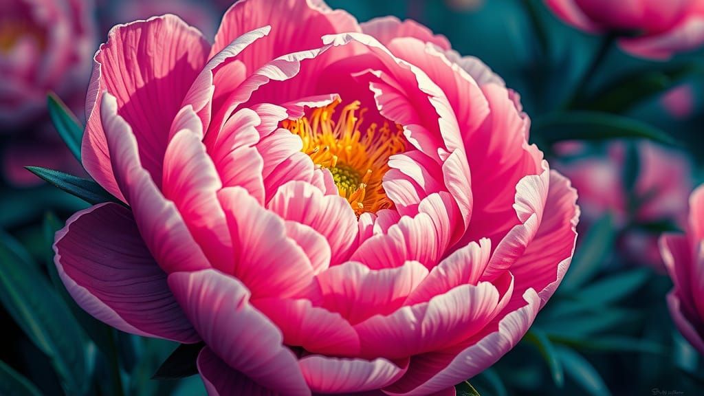 Vibrant Peony with Abstract Alcohol Ink Effects