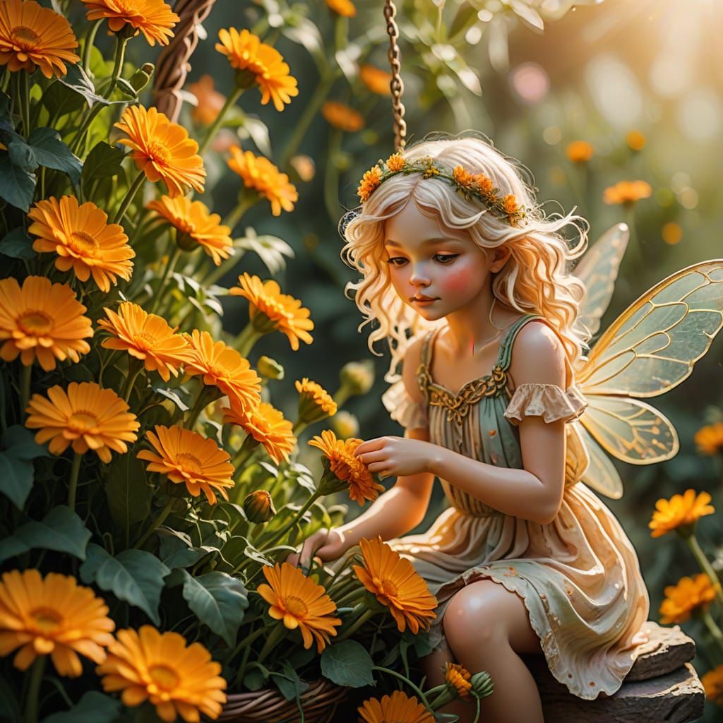 Whimsical Calendula Fairy in a Hanging Basket