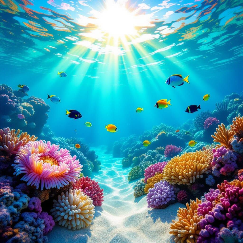 Idyllic Coral Reef with Tropical Fish, Watercolor Style