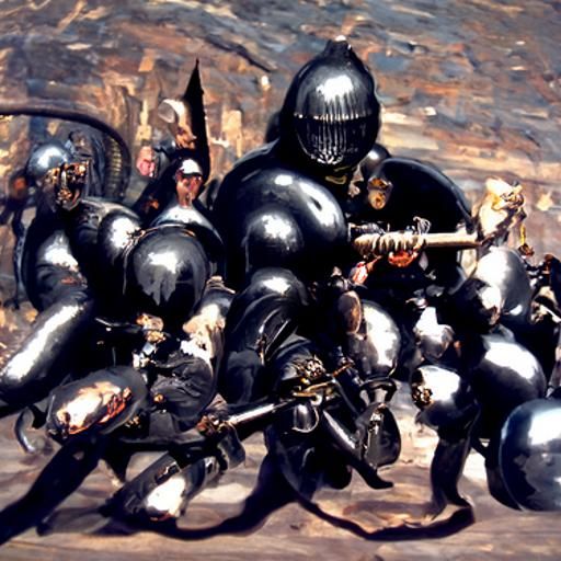 Medieval Army in Black Armor: Oil Painting
