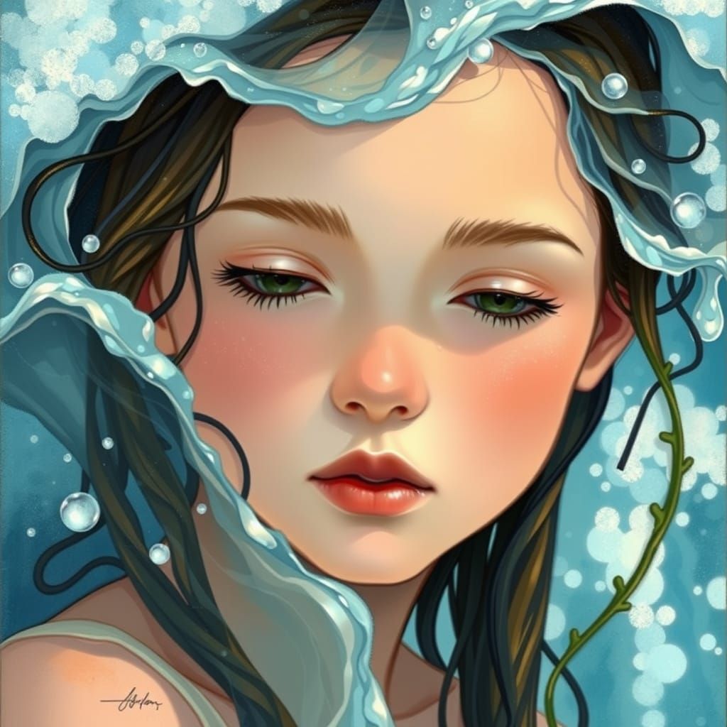 Ocean Waves Wash Over Serene Girl's Face