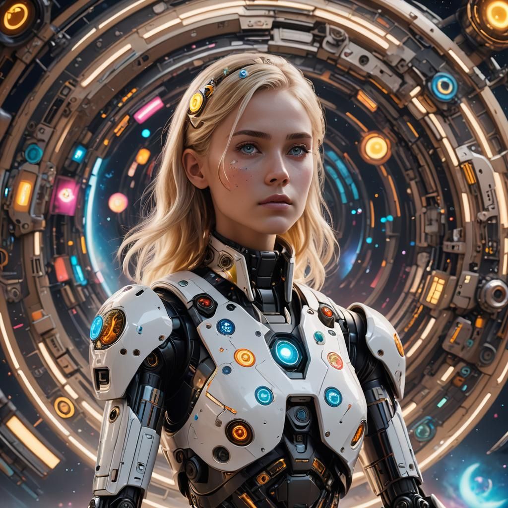 Robotic Blondie Portrait with Alien Symbols in 8K