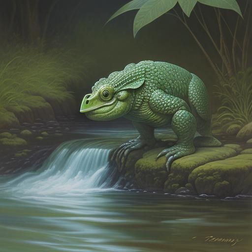 Kappa emerging from a river, ready to play tricks in Japanes...