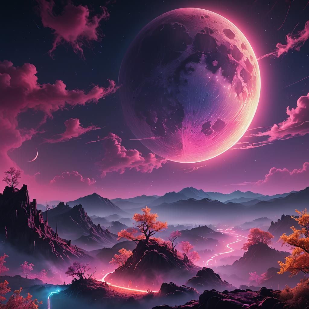 Neon Moon Over Dreamy Landscape in Electric Colors