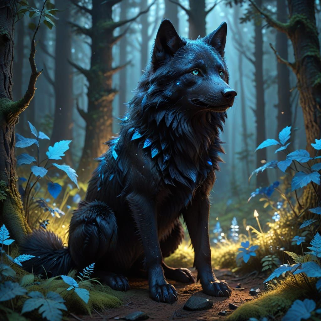 Adorable Black Wolf with Blue Eyes in Magical Forest