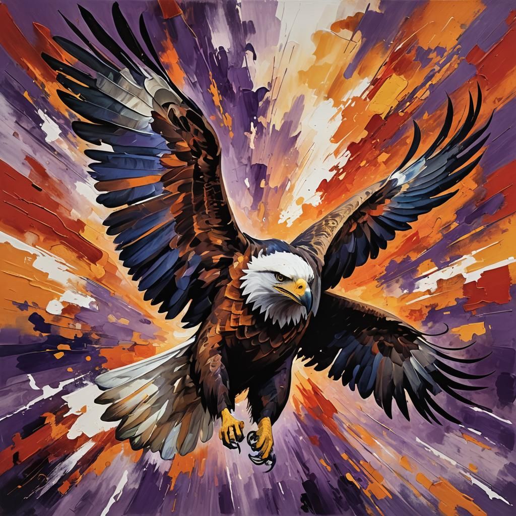 Abstract Expressionist Eagle in Flight at Sunset