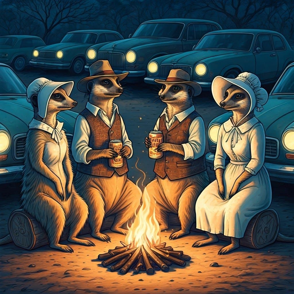 Meerkat Family Campfire Scene in Storybook Style