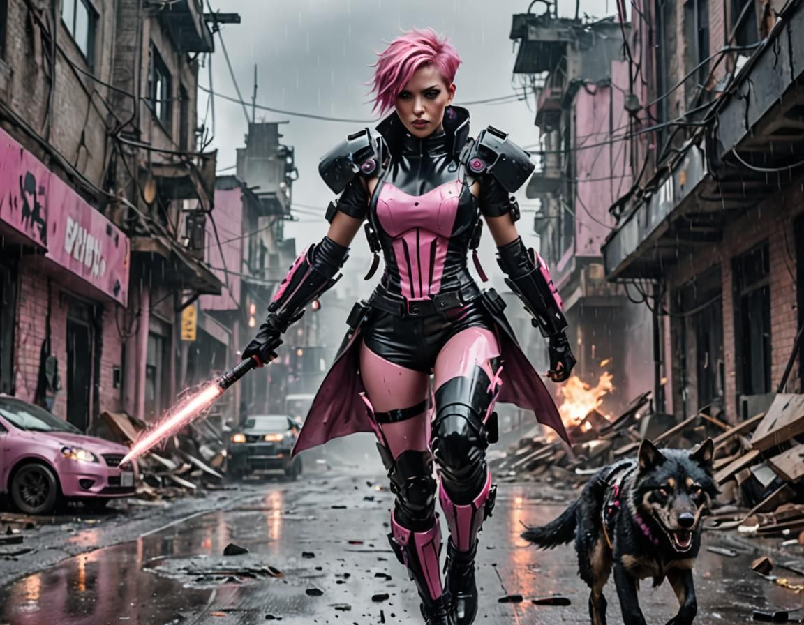 Cyberpunk Warrior and Robot Wolf in Ruins