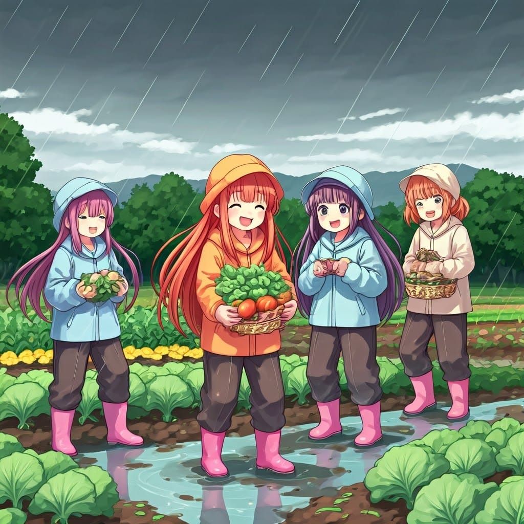Manga Girls Harvest Vegetables in Countryside Farm