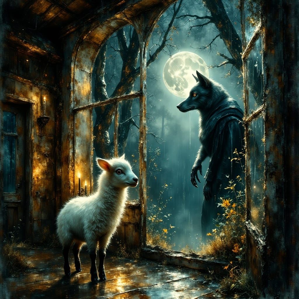 Lamb and Wolf in Gothic-Surreal Style