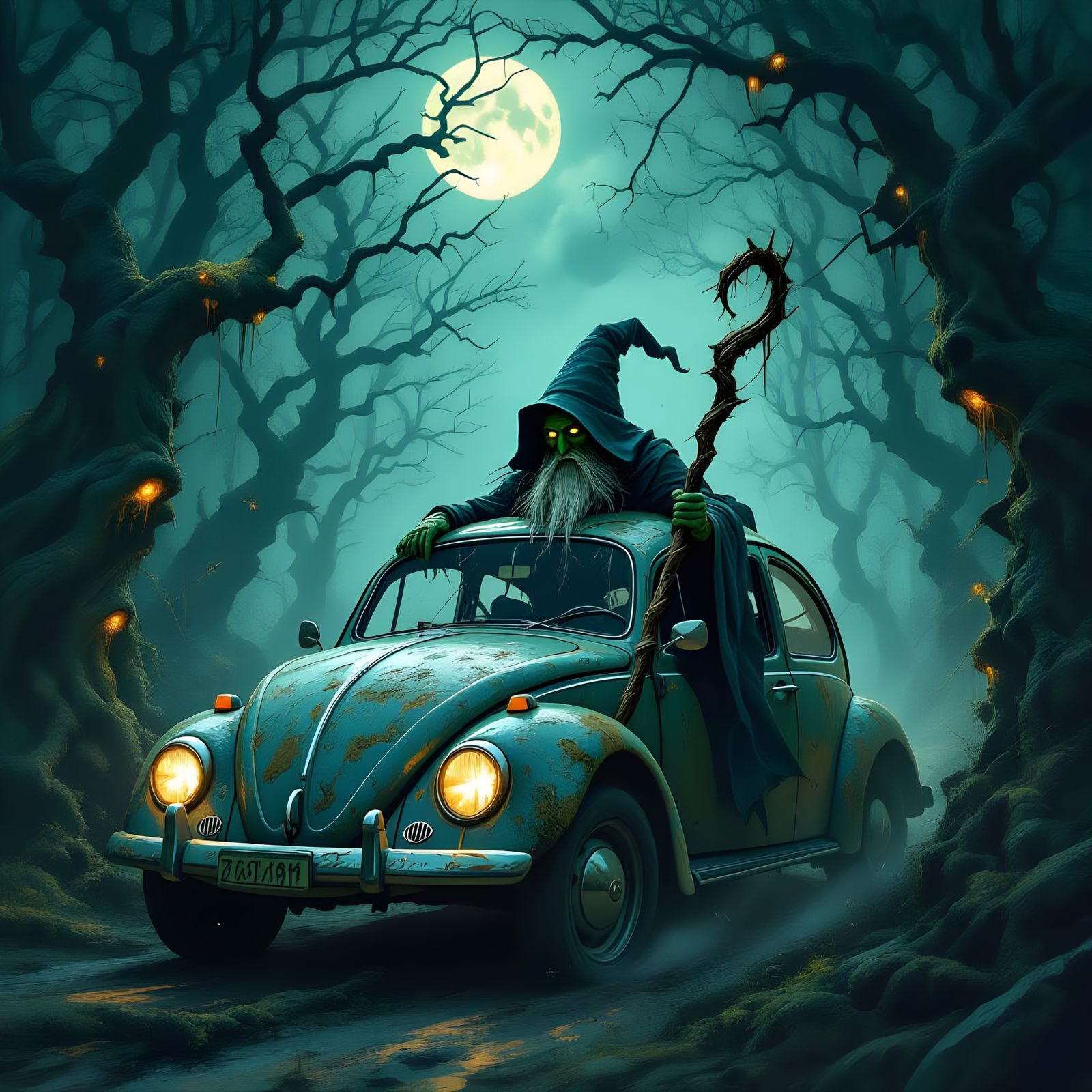 Witch Drives VW Beetle Through Dark Forest Concept Art