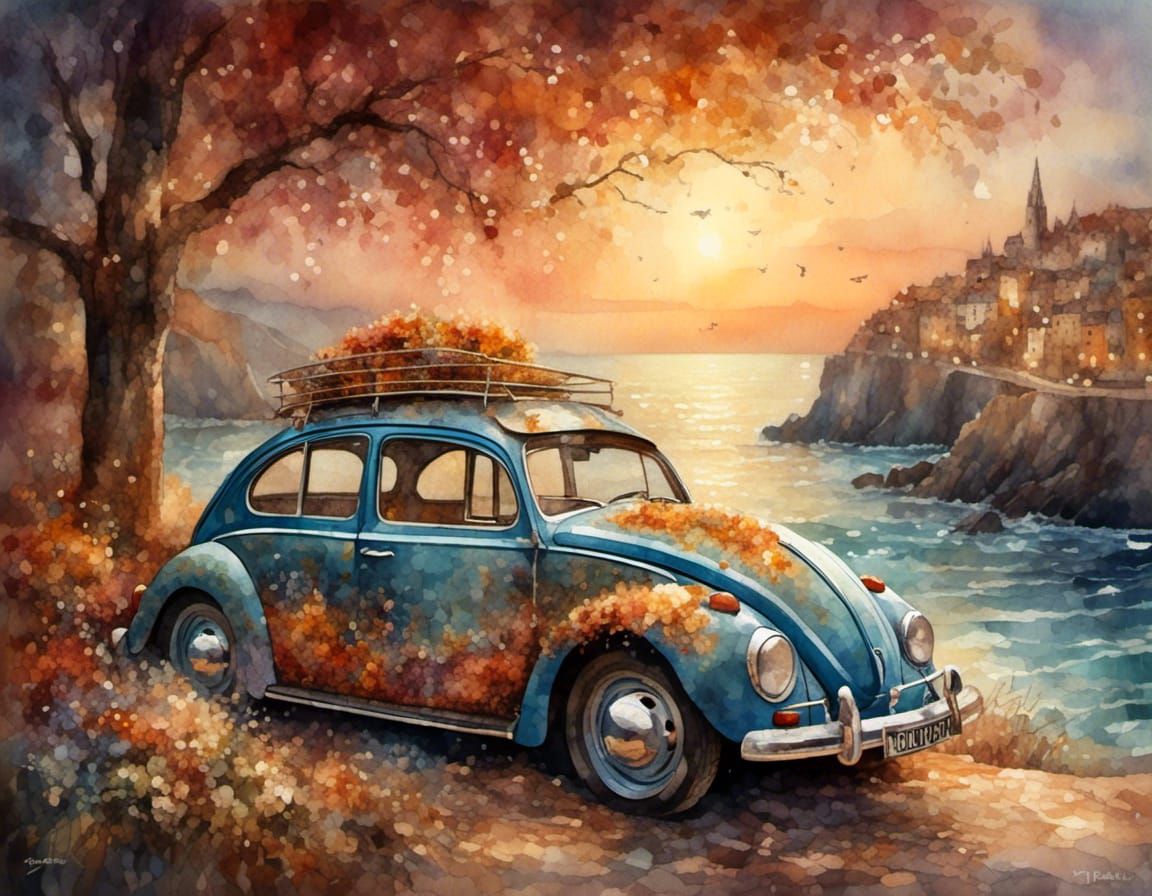 Vintage Beetle on Seaside Promenade in Watercolor Mosaic