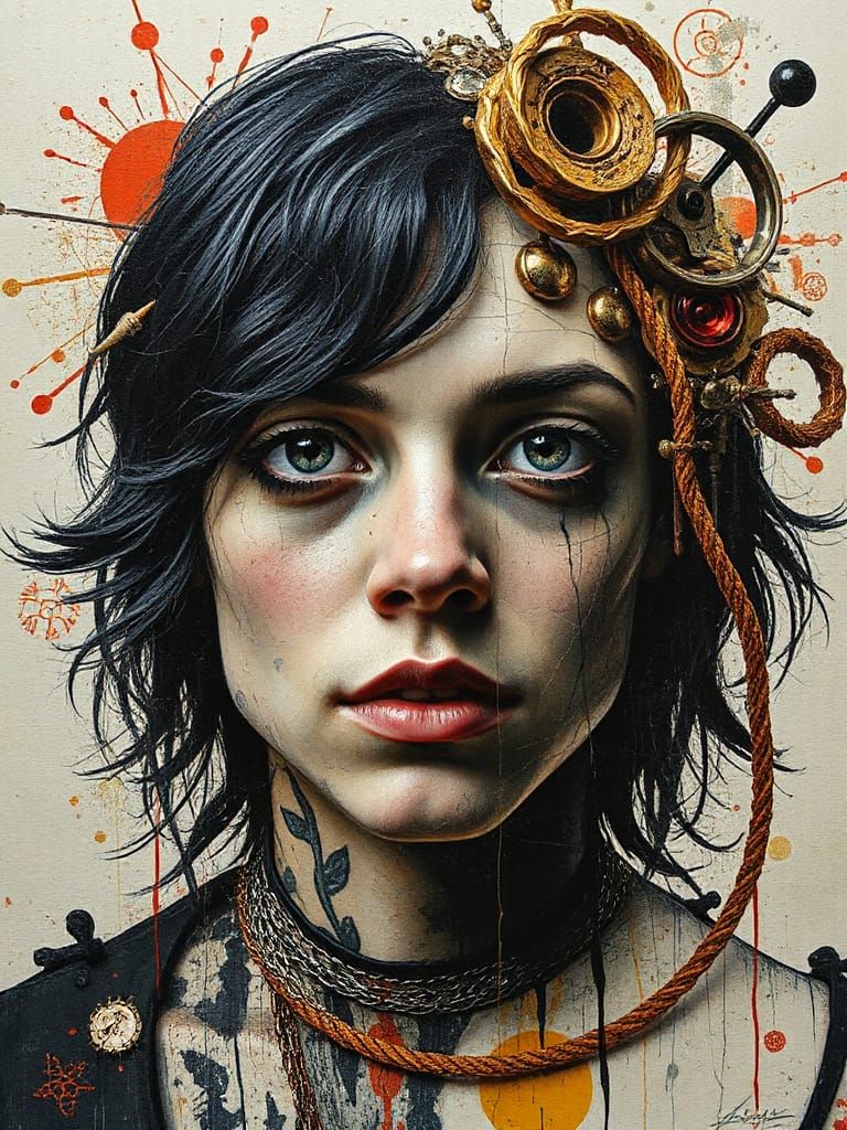 Chaotic Mixed Media Portrait Art in the Style of Gric, Balle...