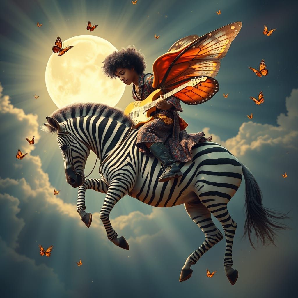 Jimi Hendrix Rides a Zebra to Moonlit Serenity