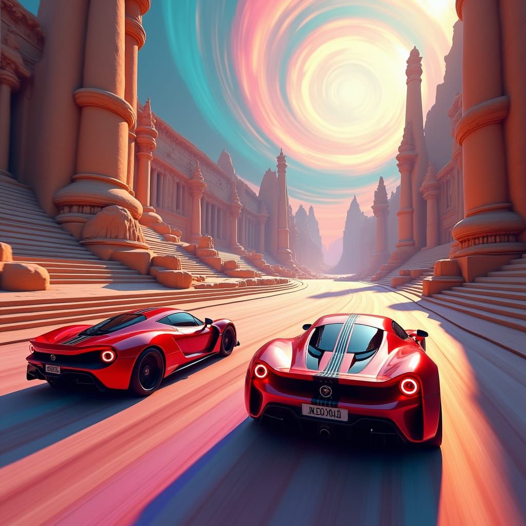 Sports Cars Speeding Through Dreamlike Landscape