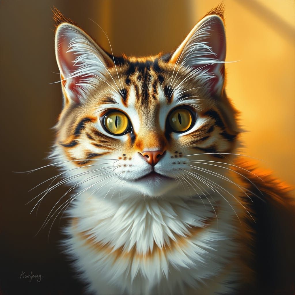 Whimsical Pointillism Cat in Warm Golden Light