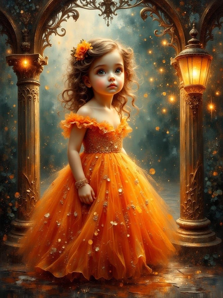 Baroque Toddler Girl in Orange Gown at Dawn Gazebo
