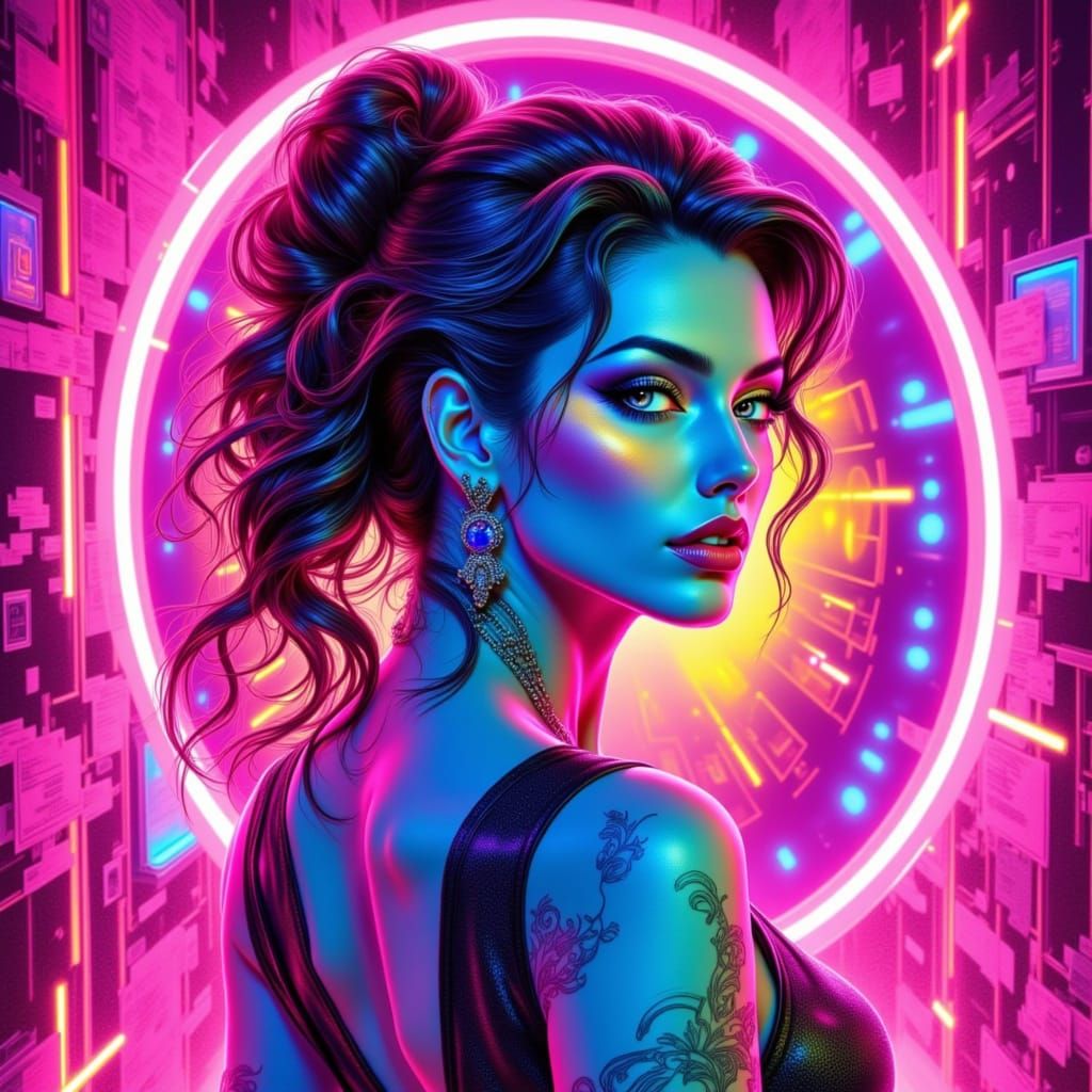 Neon Glamour Portrait in Watercolor Style