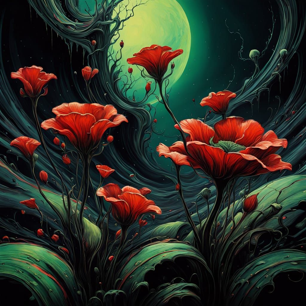 Surreal Flowers Flowing on Black Field as Ink Splatter Art