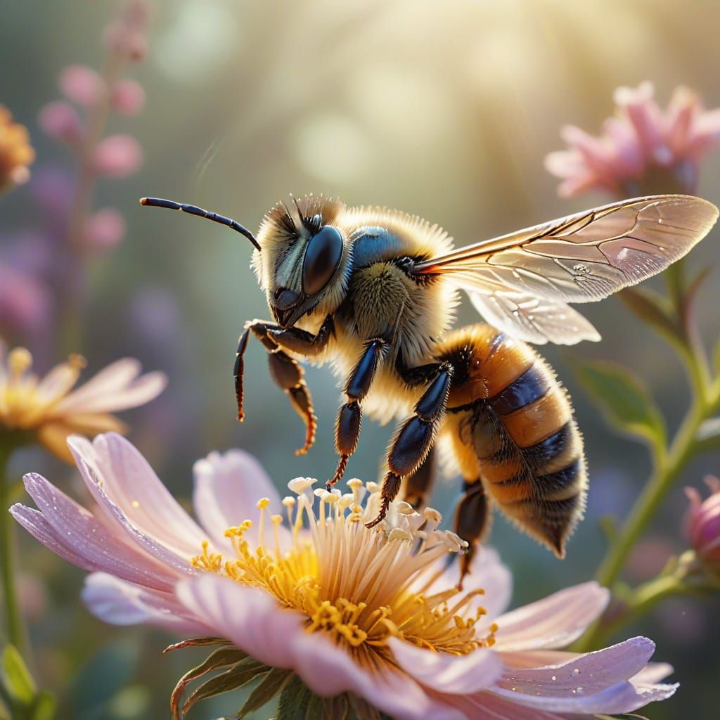 Bee in Vibrant Bloom, Shimmering in Golden Light