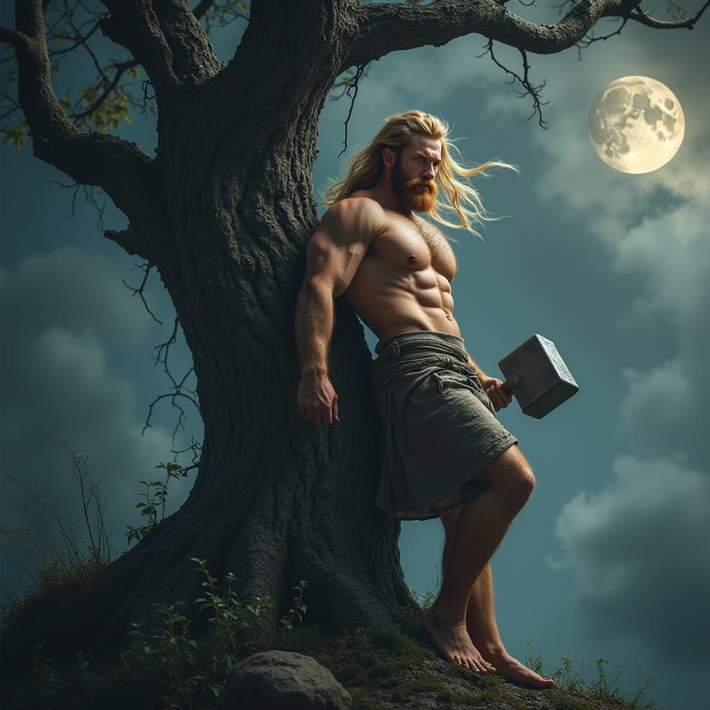 Photorealistic Thor Leaning on Yggdrasil with Fenrir