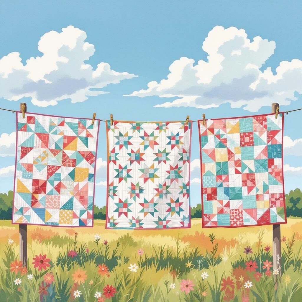 Patchwork Quilts in Watercolor and Gouache Style
