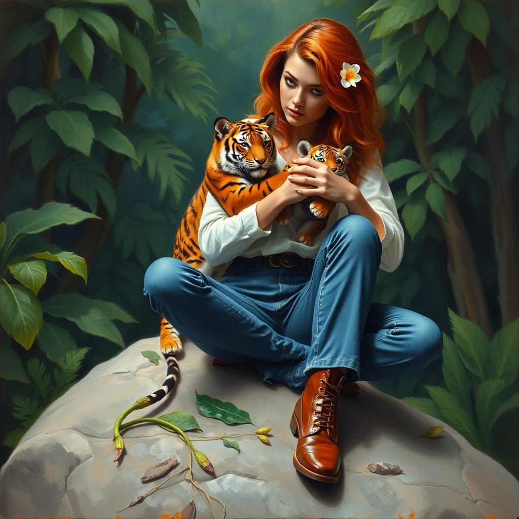 Elegant Auburn Woman in Jungle Oasis