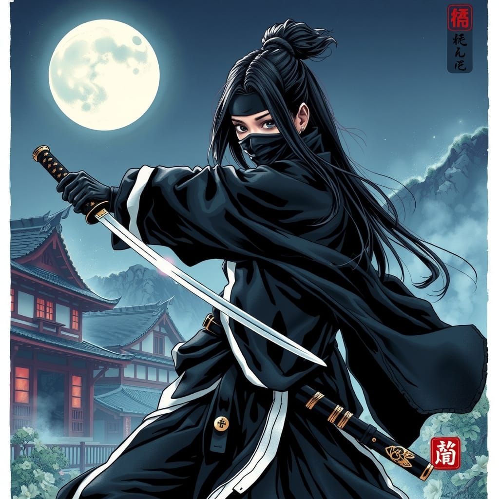 Surreal Ninja Warrior Emerges from Moonlit Village