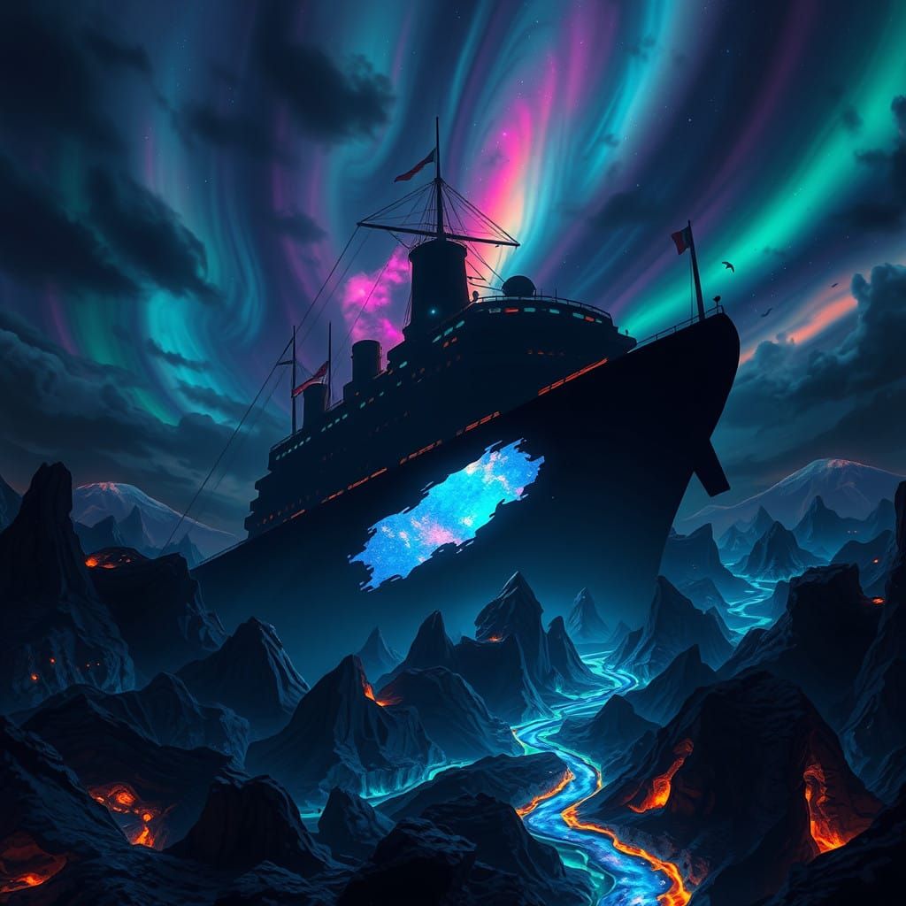 Surreal Ship Silhouette in Vibrant Chiaroscuro