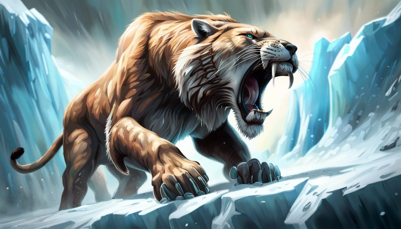 Aggressive Smilodon Roaring on Iceberg in Splash Art