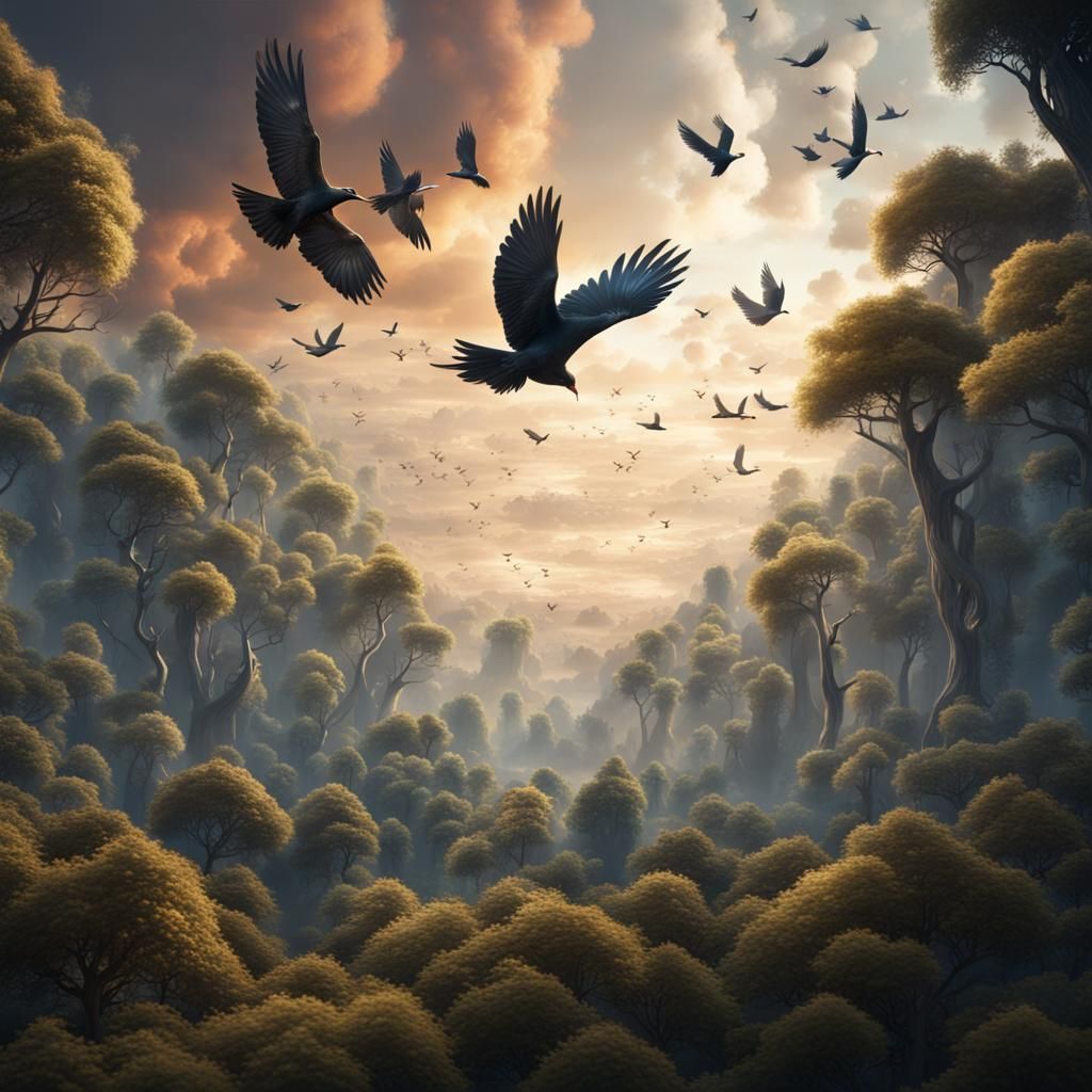 Lush Forest Portrait with Birds in Fantasy Style