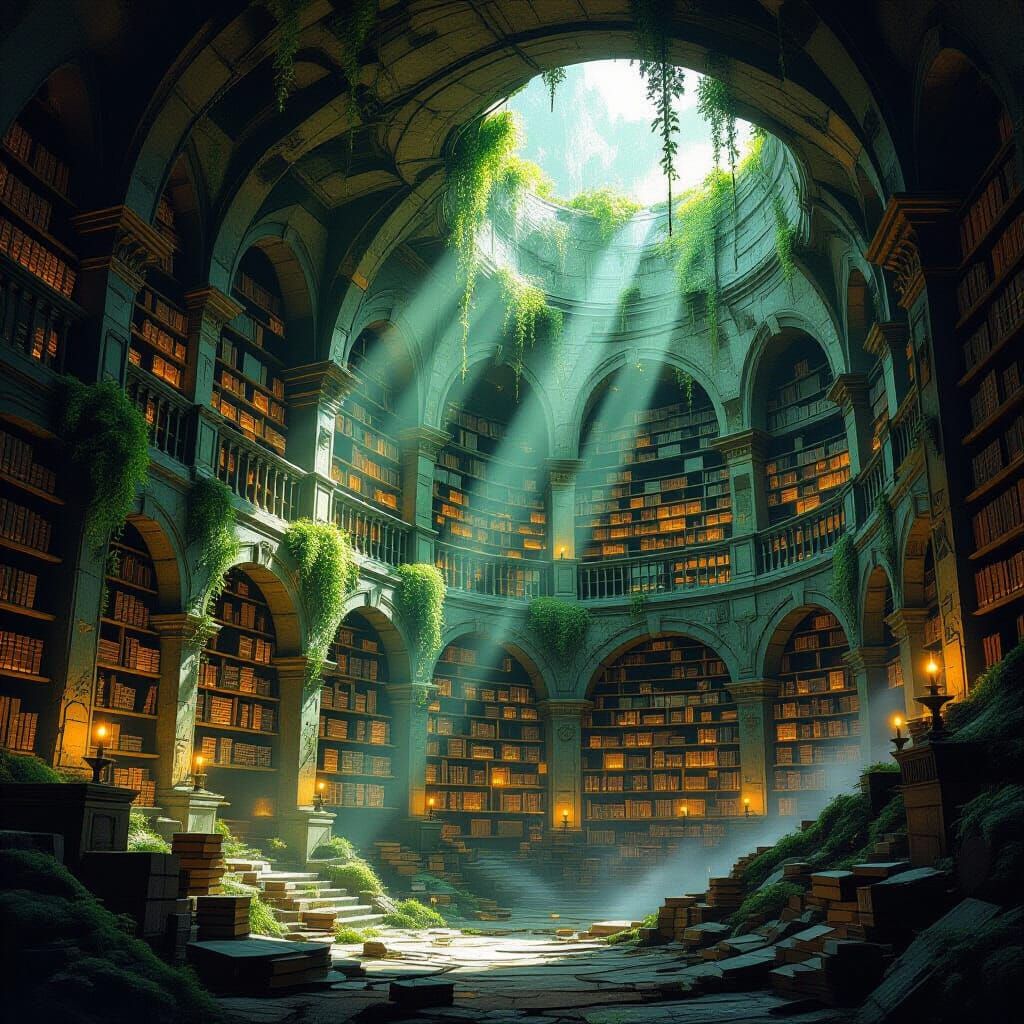 Ancient Mountain Library With Glowing Books