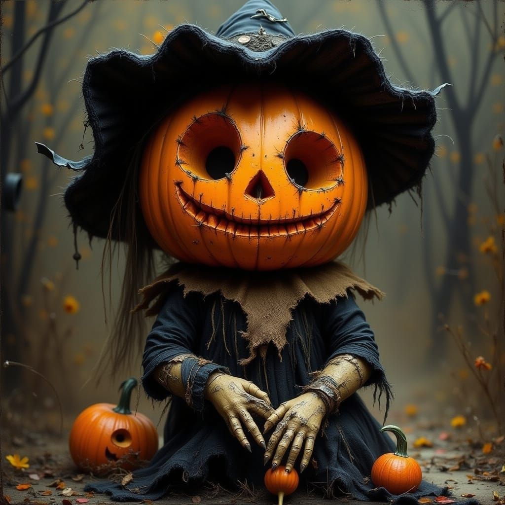 Spooky Pumpkin Scarecrow Doll with Witch Hat