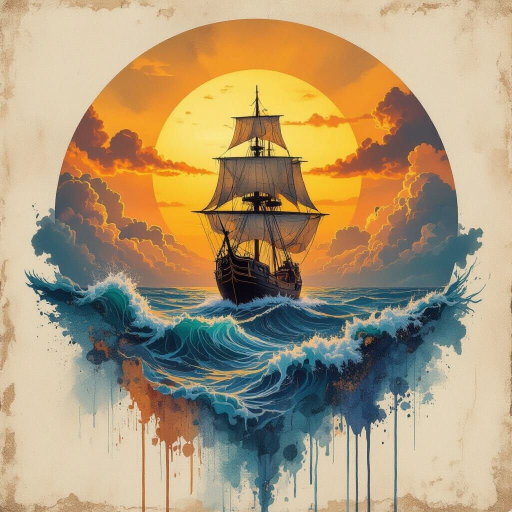 Abstract Expressionist Sunset Ship Emerging from Golden Sun