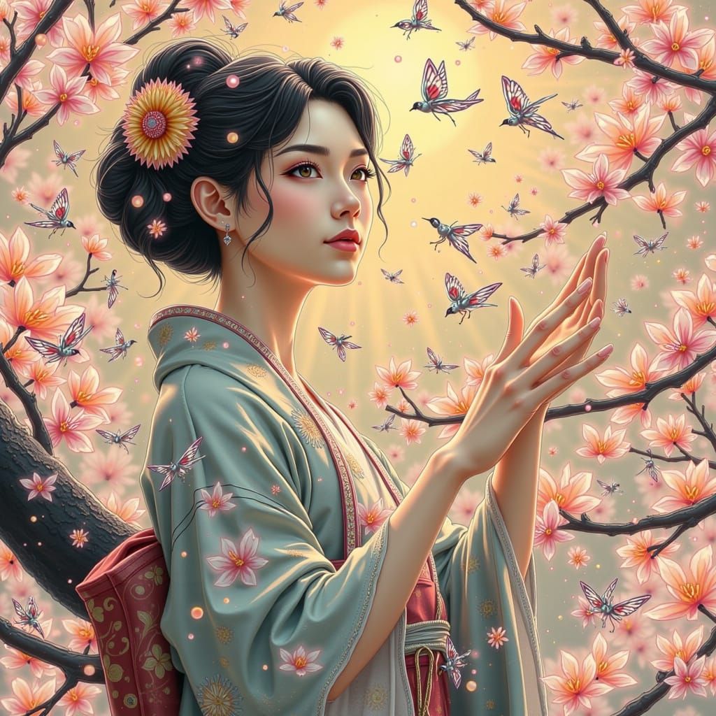 Woman in Kimono with Cherry Blossoms, Japanese Art Style