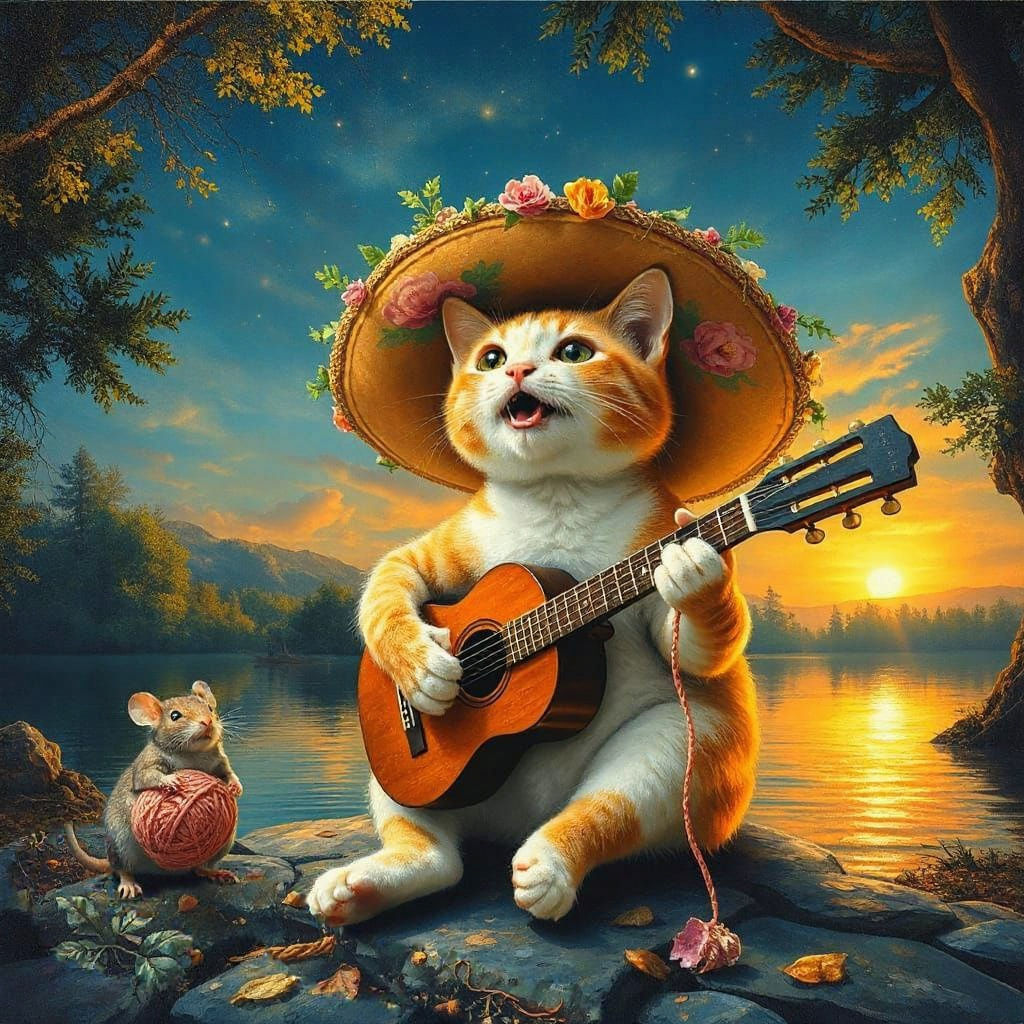 Cat in Floral Sombrero Sings in Whimsical Forest