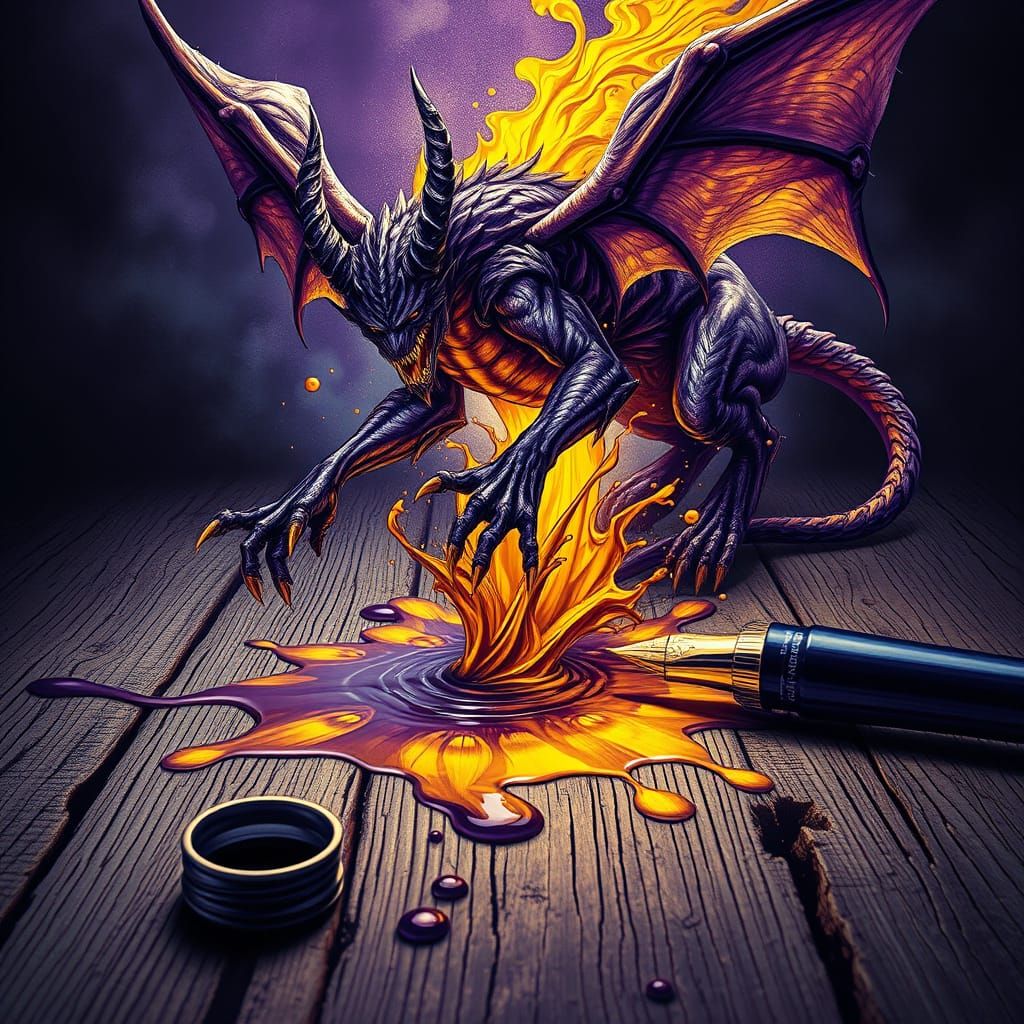 Majestic Ink Demon Leaps from Spilled Inkwell