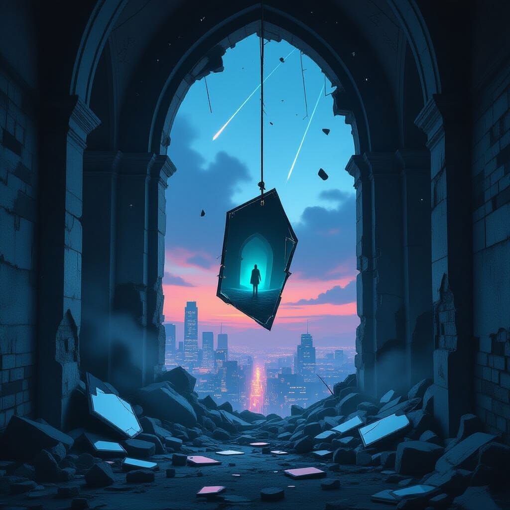 Decaying Cathedral with Ghostly Reflection