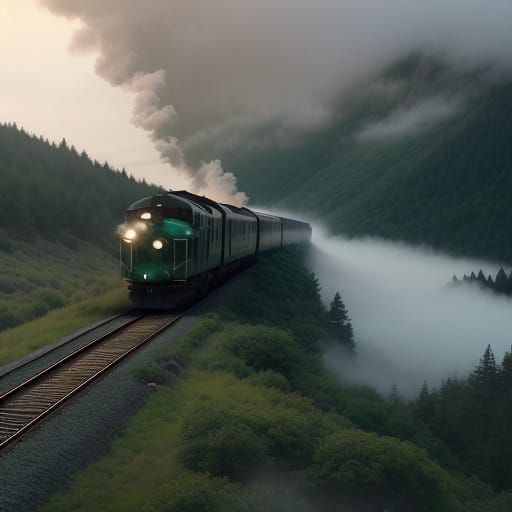 Vintage Train Speeds Through Misty Mountains in Cinematic St...