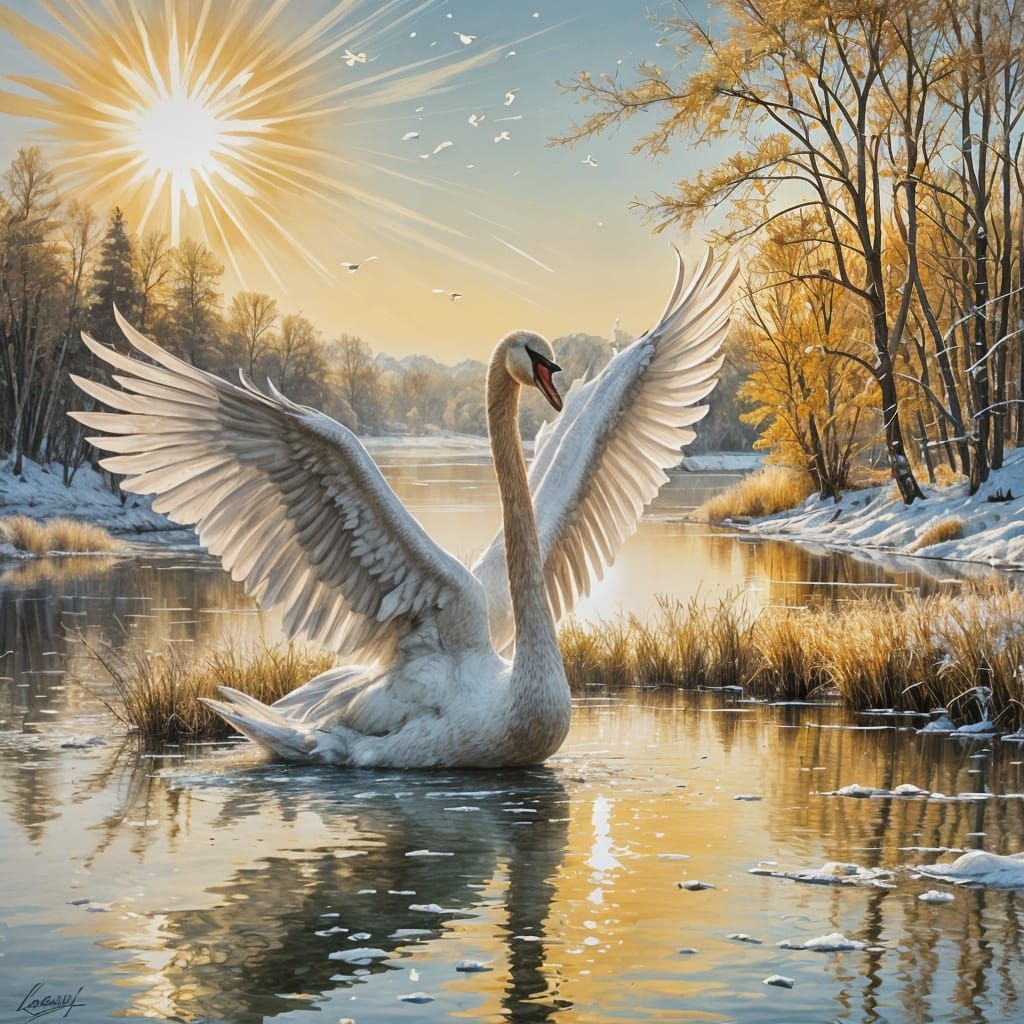 Majestic Swan Spreading Wings in Spring Sunlight
