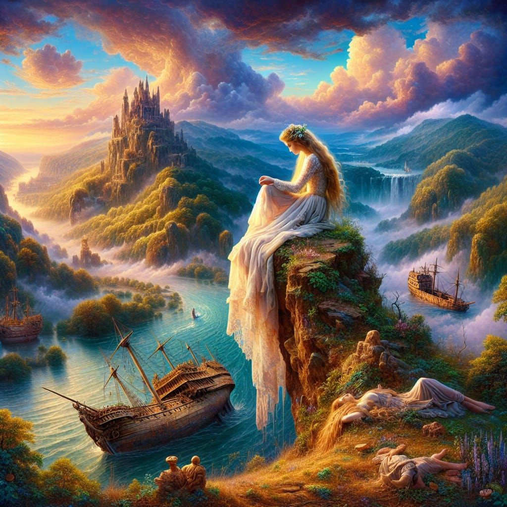 Rhine Landscape Oil Painting with Woman in White Dress