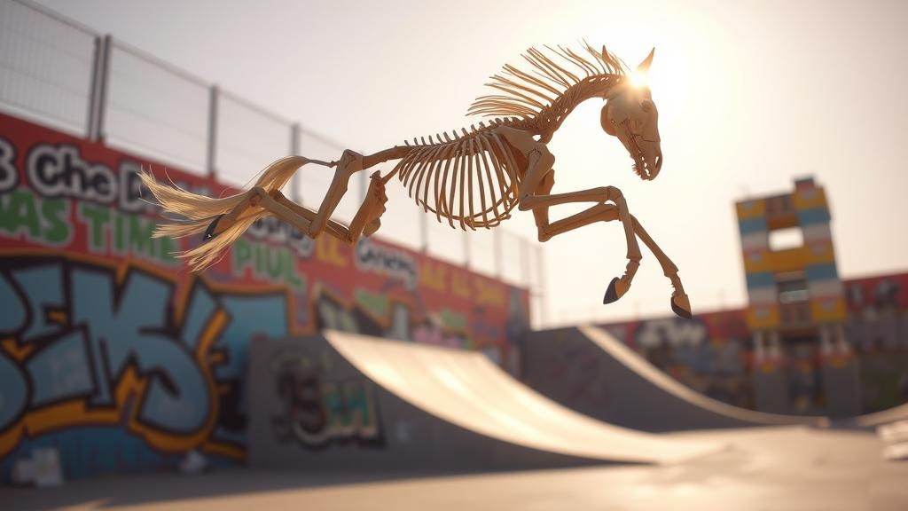 Skeletal Horses Soaring Through Skate Park