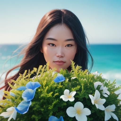 Woman Gazing at Sunny Beach with Whales, Lush Fields