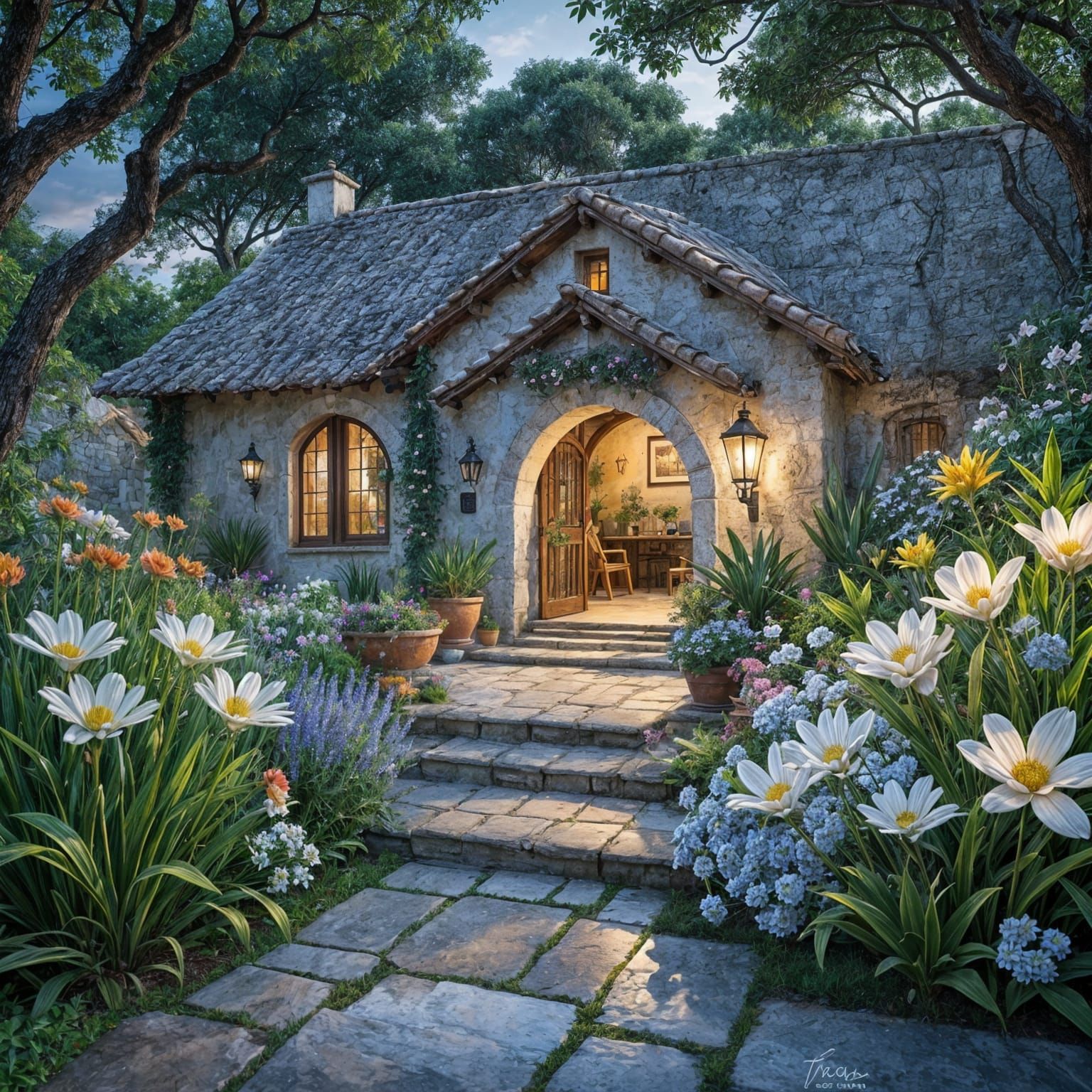 Ancient House Surrounded by Flowers and Water