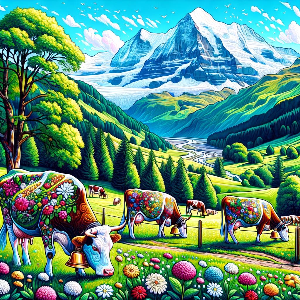 Cows in Swiss Alps Valley, Impressionistic Style