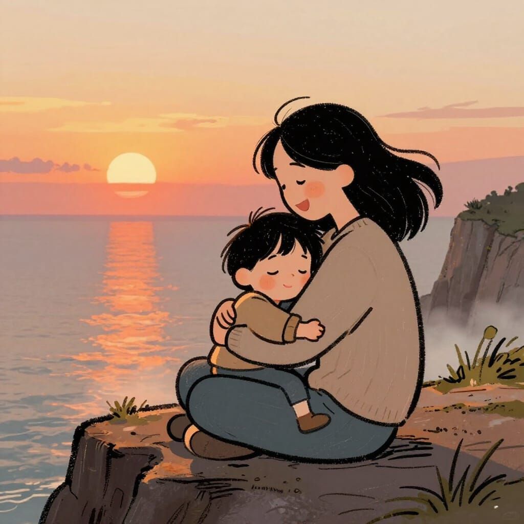Heartwarming Mother and Child Embrace on Cliff at Sunset