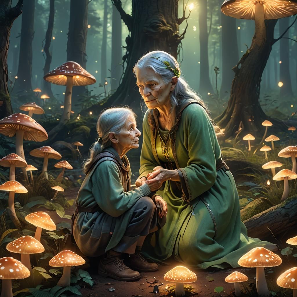 Mystical Forest Scene with Woman and Child